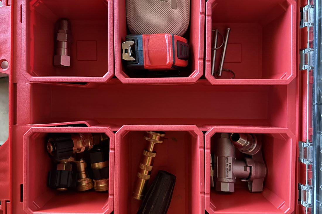 Organized fittings, adapters, and spare parts